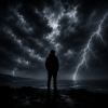 A man silhouted, standing in a storm