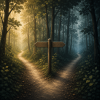 Signpost showing two ways through a forest